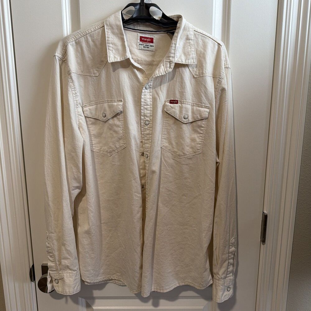 Wrangler Men’s XL Western Shirt Ecru Cream Pearl Snap 100% Cotton Cowboy